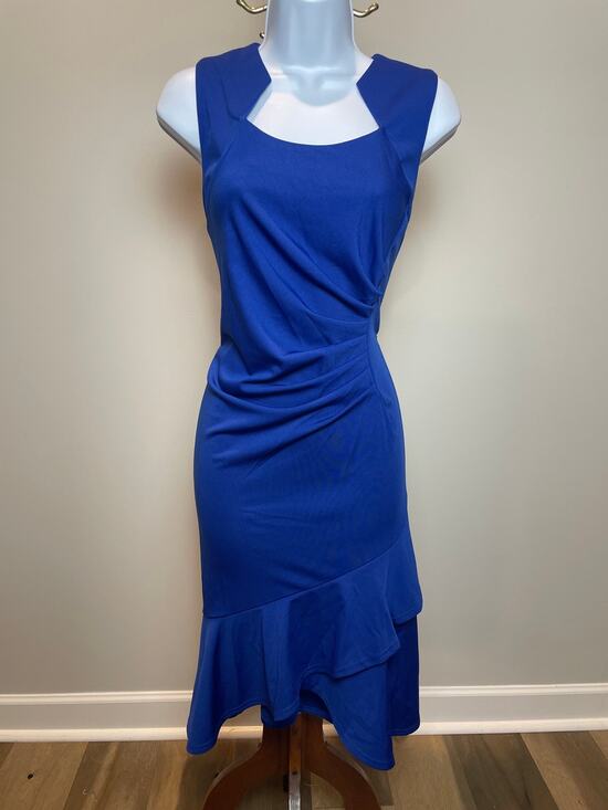 Grace Karin Dresses & Skirts - Grace Karin Blue Asymmetrical Ruched Ruffle Dress Queen Anne Neckline NWT Size M